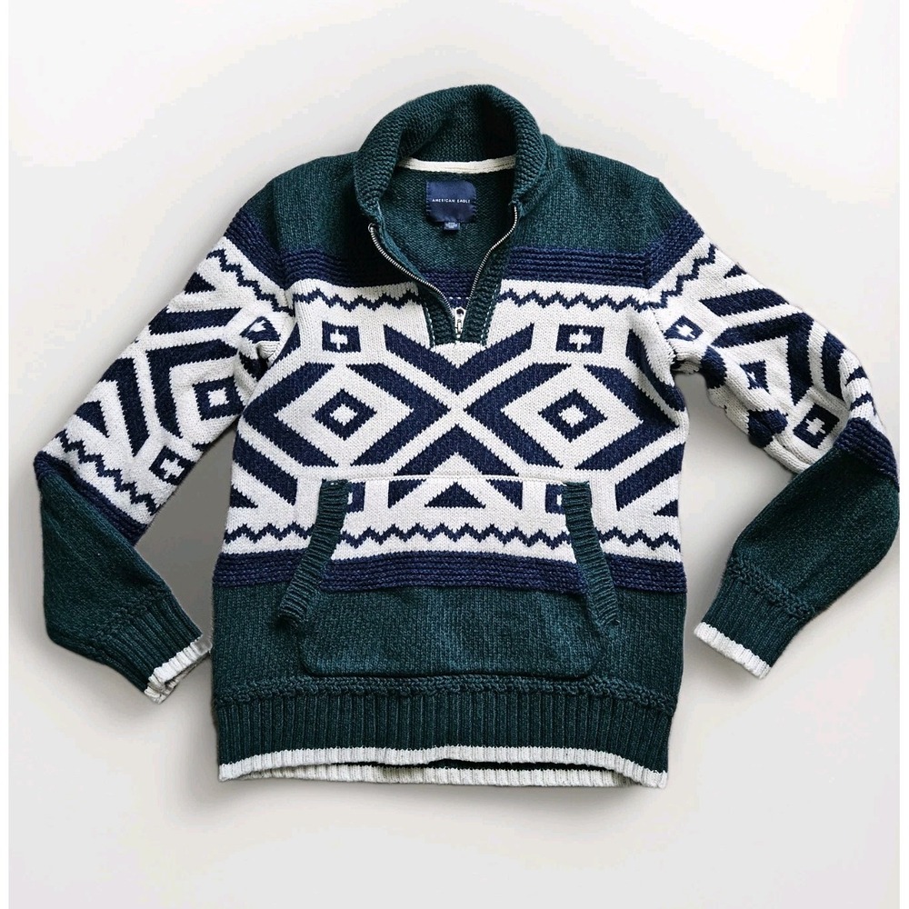 American Eagle Wool Blend 1/4 Zip Sweater Men M Aztec Tribal Gorpcore Heavyweigh
